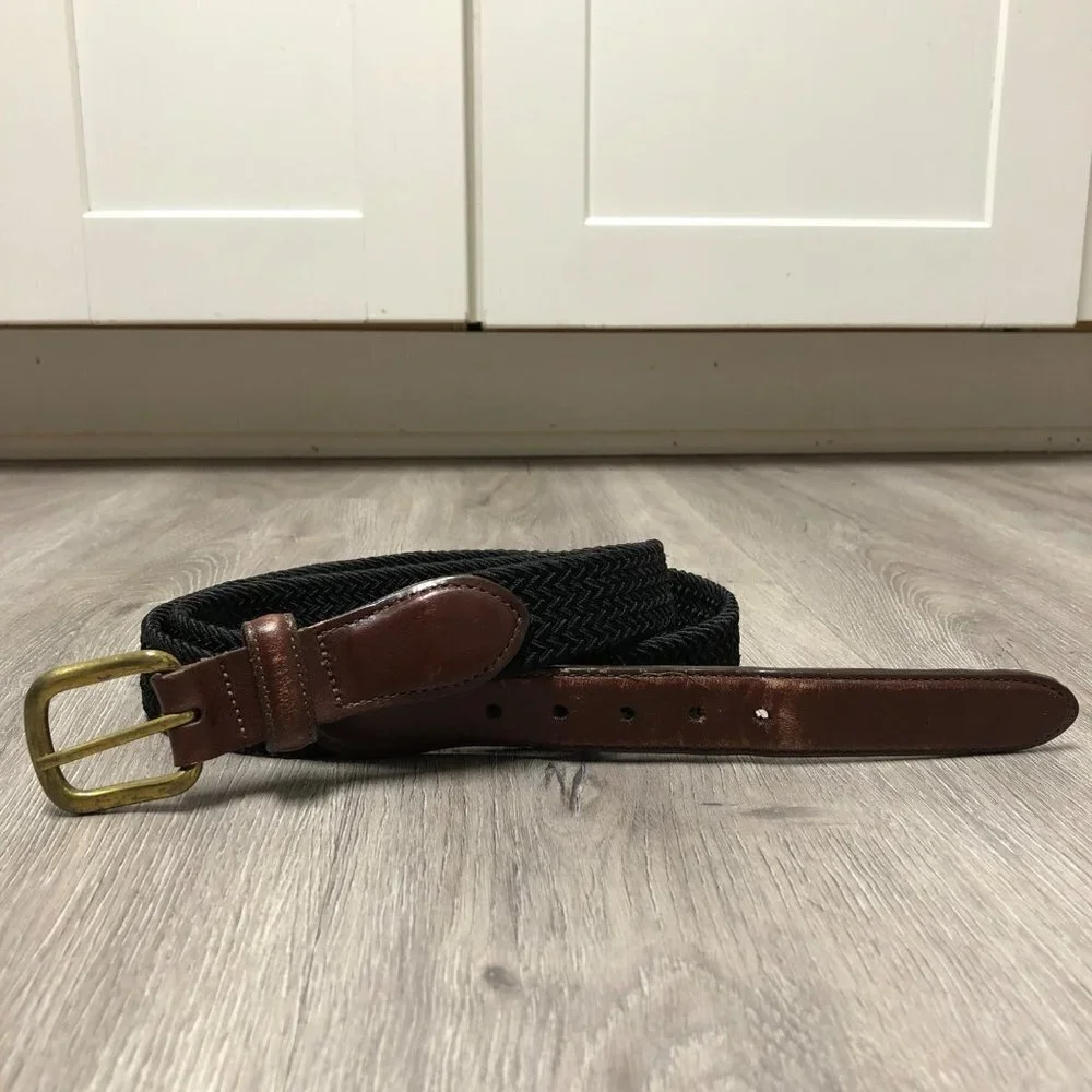 L.L. Bean Vintage Belt Leather and Woven Fisherman Style Belt Brass Buckle